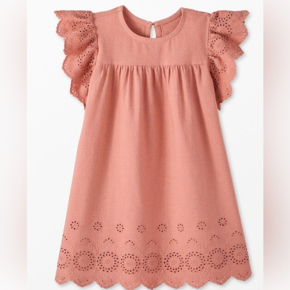 NWOT Hanna Andersson Ruffle Sleeve Linen Eyelet Dress, Rose Dawn size 6-7